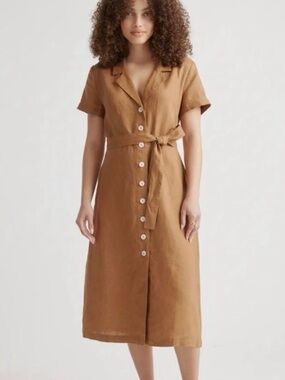NWT Quince 100% European Linen Button Front Dress Terracotta Brown Belted Medium
